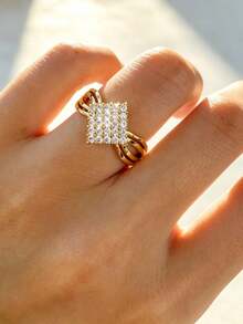 1pc S925 Sterling Silver Inlaid Synthetic Zirconia Geometric Square Women's Ring, Elegant Elegant Ladies Daily Wear Bohemian Quality Jewelry - Yellow Gold - View 3
