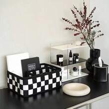 3pcs Fashionable Black & White Plaid Felt Storage Baskets, 3-Piece Open Desktop Organizer Bins For Cosmetics, Toiletries, Snacks, Remote Controls, Home Essential Storage Organizer For Bedroom, Office, Dorm, Closet, Shelf, Mother's Day Gift - Multicolor - View 3