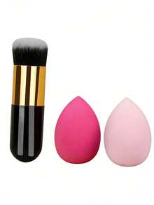 1pc Large Fluffy Foundation Powder Brush + 2pcs Black Makeup Sponge Set, Soft Dense Bristles, Multi-Functional Face Makeup Tool Kit, Suitable For Blush, Concealer - Multicolor - View 10