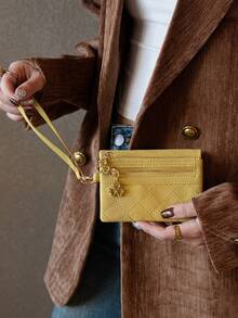 MIYIN Women's Vintage Design Snap Button Short Wallet Minimalist Style Zipper Short Leather Purse With Wrist Strap - Yellow - View 7