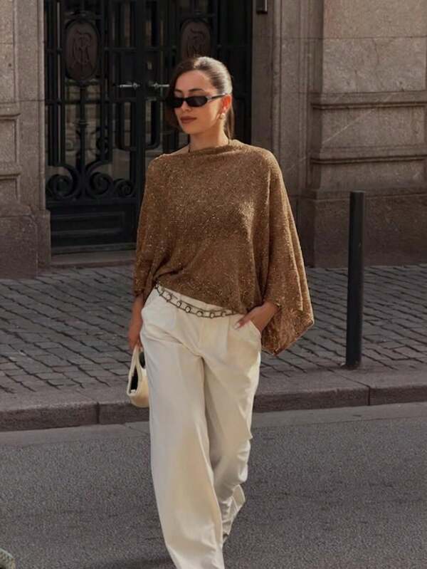 FOR BEAUTY Summer Y2K Elegant Metallic Knit Poncho Asymmetrical Top Shimmer Loose Fit Cover Up Resort Vacation Wear Holiday Style