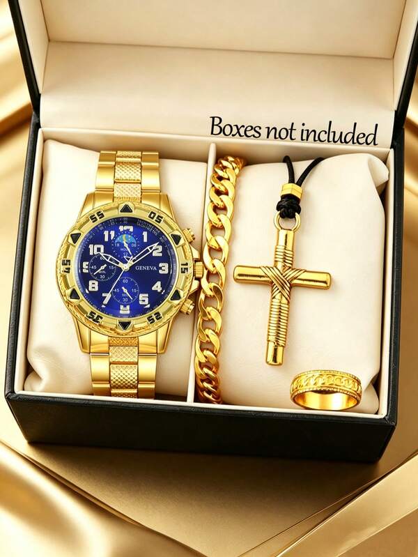 1/4-Piece Set Boy's Large Dial Quartz Watch With Bracelet, Cross Necklace And Ring. Suitable For All Occasions, It Makes An Ideal Gift For Him.
