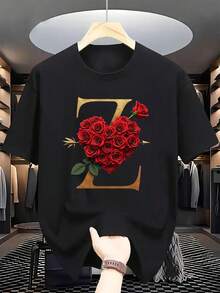 1 Pack:  The Aesthetics Of Love! Rose Heart + Letter Z, Igniting Your Unique Romantic Statement - Men's Casual Style T-Shirt, A Clear Expression Of Love, A Sweet - 黑色 - 查看 1