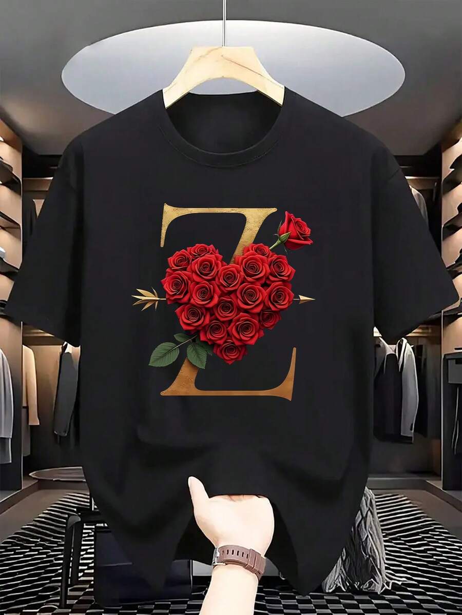 1 Pack: The Aesthetics Of Love! Rose Heart + Letter Z, Igniting Your Unique Romantic Statement - Men's Casual Style T-Shirt, A Clear Expression Of Love, A Sweet - 黑色 - 查看 1