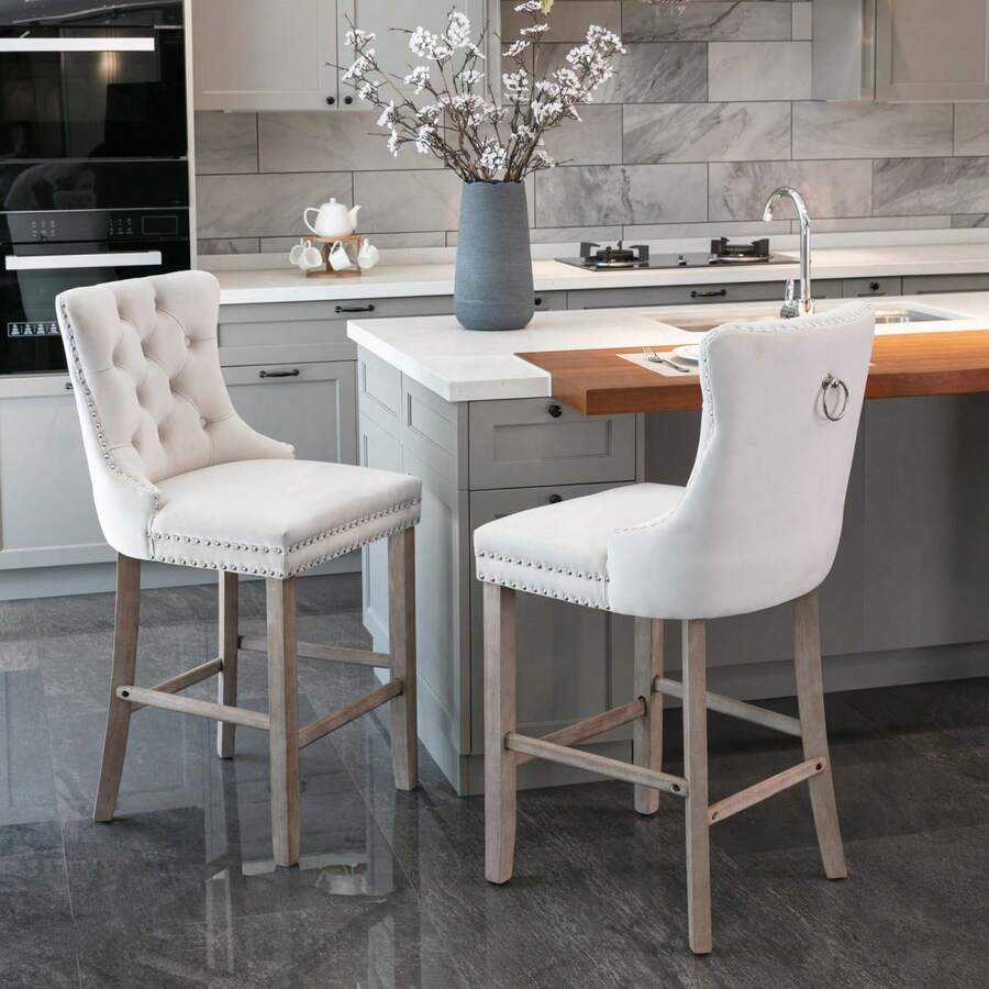 Set Of 2 Bar Stools With Velvet Upholstery / Medieval-Modern Style Bar Stools / Weight Capacity Up To 300 Lbs / High-Elasticity Foam / Suitable For Restaurants Or Kitchens - 米色 - 查看 1