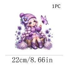 1/2/3pcs Purple Hair Butterfly Girl Heat Transfer Sticker | Gentle Cartoon DIY Heat Transfer Decal, Braided Hair Purple Dress Girl With Violet And Purple Butterfly, Suitable For T-Shirts, Sweatshirts, Sweaters, Canvas Bags, Gentle And Healing - Multicolor - View 2
