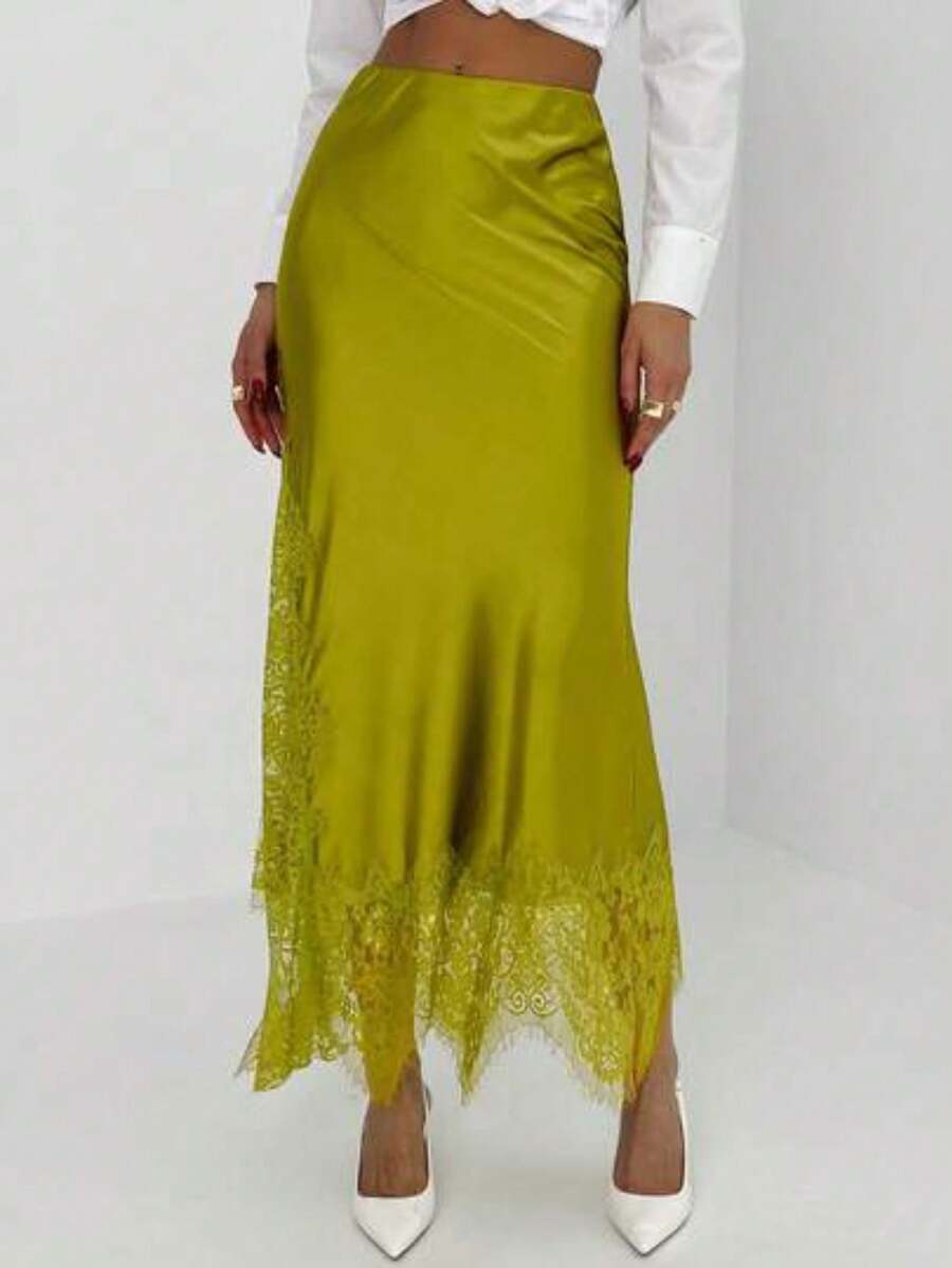 Falda elegante de mujer con parches de encaje de unicolor - Mostaza Amarilla - Ver 1
