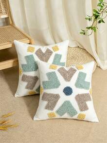 1pc/2pcs Abstract Geometric Blue Heart-Shaped Throw Pillow Cover, Soft Color Block Fluffy Embroidery Snowflake Pattern Cushion Case, Suitable For Sofa, Bedroom, Living Room, Cabin Decorative Pillowcase, Outdoor Balcony Garden Patio Fabric Decor All Season Pillow Cover Without Filling - Multicolor - View 2