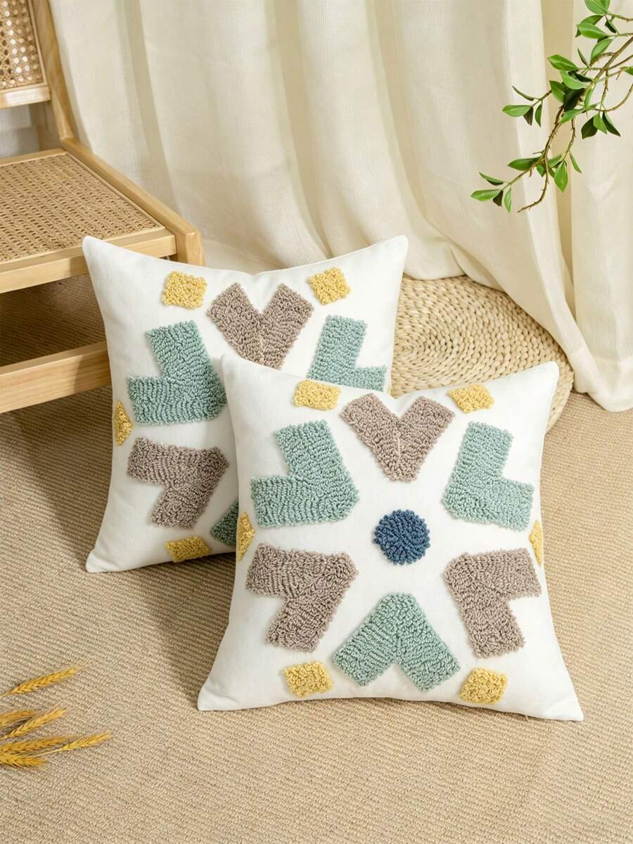 1pc/2pcs Abstract Geometric Blue Heart-Shaped Throw Pillow Cover, Soft Color Block Fluffy Embroidery Snowflake Pattern Cushion Case, Suitable For Sofa, Bedroom, Living Room, Cabin Decorative Pillowcase, Outdoor Balcony Garden Patio Fabric Decor All Season Pillow Cover Without Filling