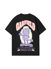 SHEIN | Garfield 女款黑色雙面T恤，淡紫色卡通貓態度標語復古印花，寬鬆短袖，適合街頭旅遊日常女孩休閒穿搭 - 黑色 - 查看 3
