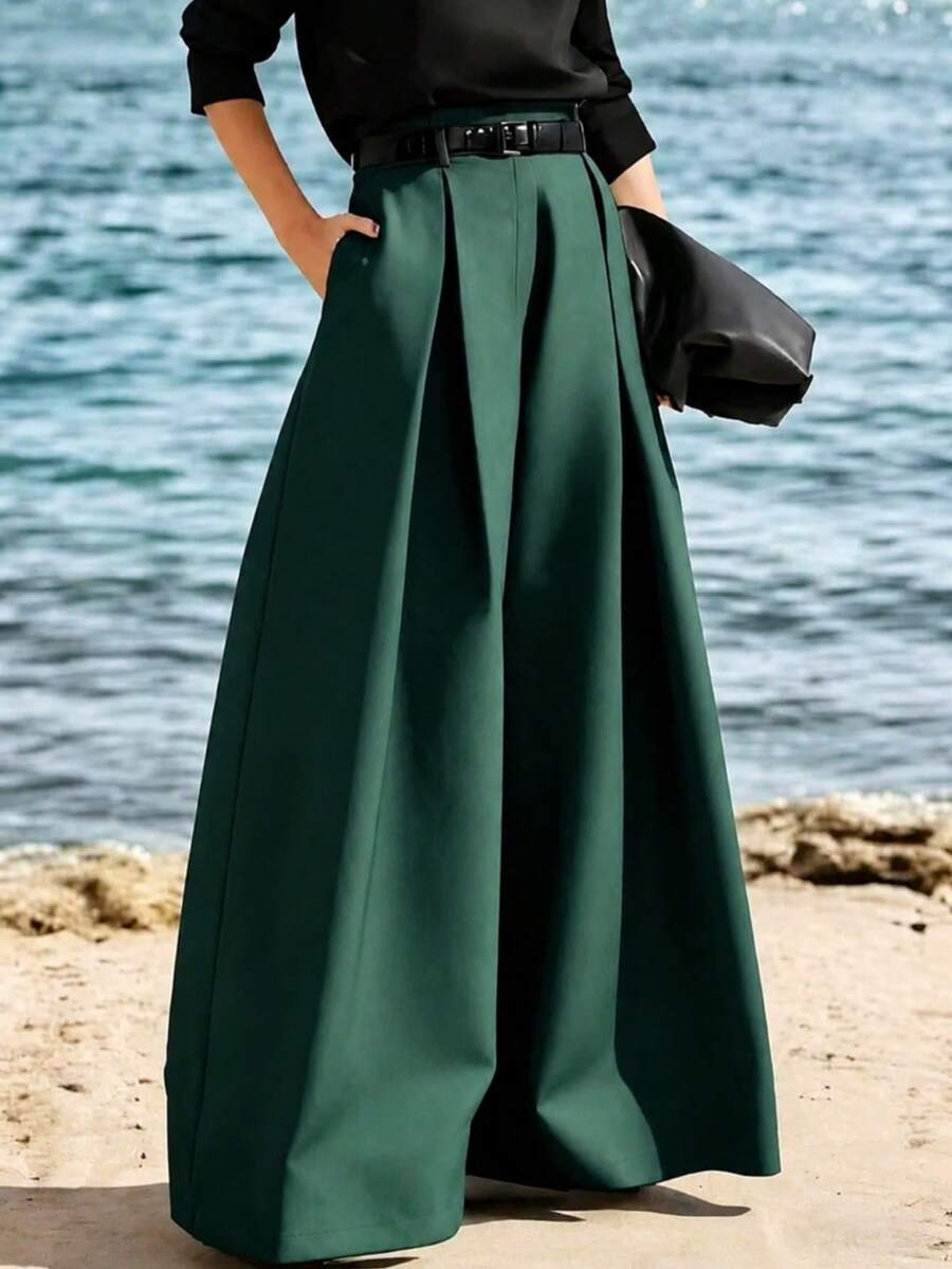 Fashionable High-End Loose Pleated Wide-Leg Pants, Autumn Professional Office Wear, Halloween Christmas Luxury - Dark Green - View 1