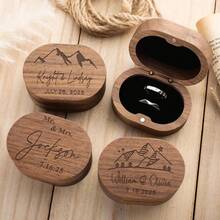 CFUNIQ 1pc Wood Oval 2-Slot Custom Ring Box, Square Walnut Ring Box, Round Ring Box For Wedding Rings, Laser Engraved For Proposal, Engagement, Personalized Gift - Multicolor - View 3