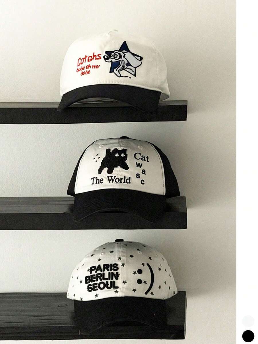 女款可愛黑貓刺繡親膚防曬顯臉小尖頂帽 字母貓寬帽簷棒球帽 大頭圍顯臉小防曬遮陽鴨舌帽 拼色貓字母鴨舌帽 百搭大頭圍顯臉小棒球帽 男款 - 彩色 - 查看 1