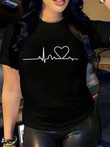 Camiseta estampada de corazón, manga corta, cuello redondo, top casual para verano y primavera, ropa de mujer - Negro - Ver 1