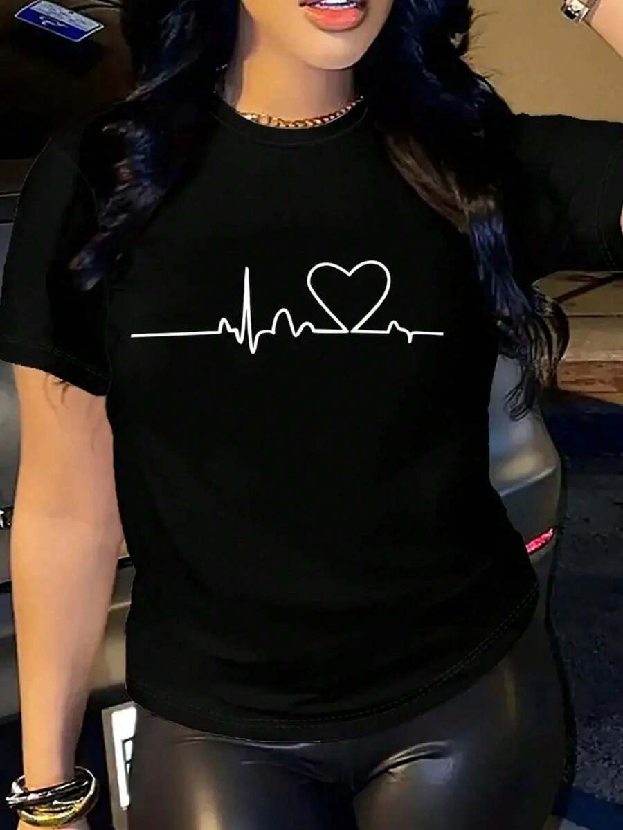 Camiseta estampada de corazón, manga corta, cuello redondo, top casual para verano y primavera, ropa de mujer - Negro - Ver 1
