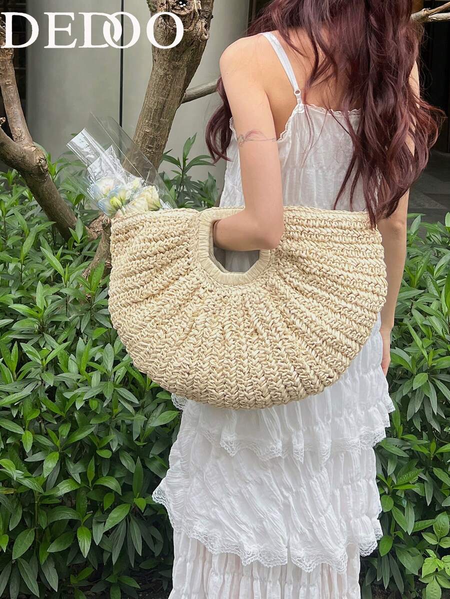 Dedoo Minimalist Semi-Circular Hand-Woven Tote Bag, Beach Vacation & Commute Handbag, Versatile Beach Bag