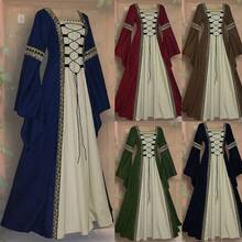 Long Dress With A Square Neckline, Long Flared Sleeves, And Lace-Up Detailing; Vintage Gothic Garment For Women; Slimming Effect - 綠色 - 查看 2