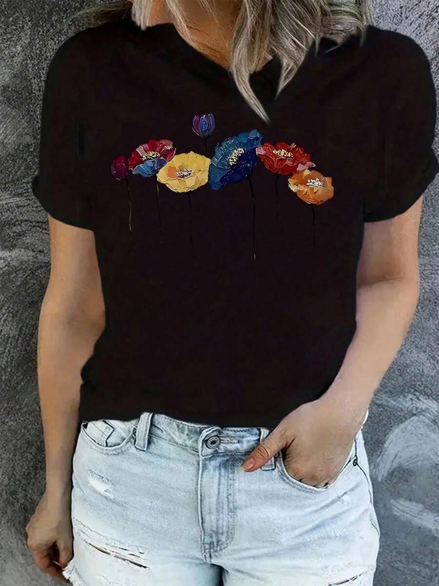 Women's Round Neck T-Shirt, Colorful Flowers Abstract Art Graphic, Casual And Fashionable Style, Suitable For Outdoor Sports And Holiday Gifts - 黑色 - 查看 1