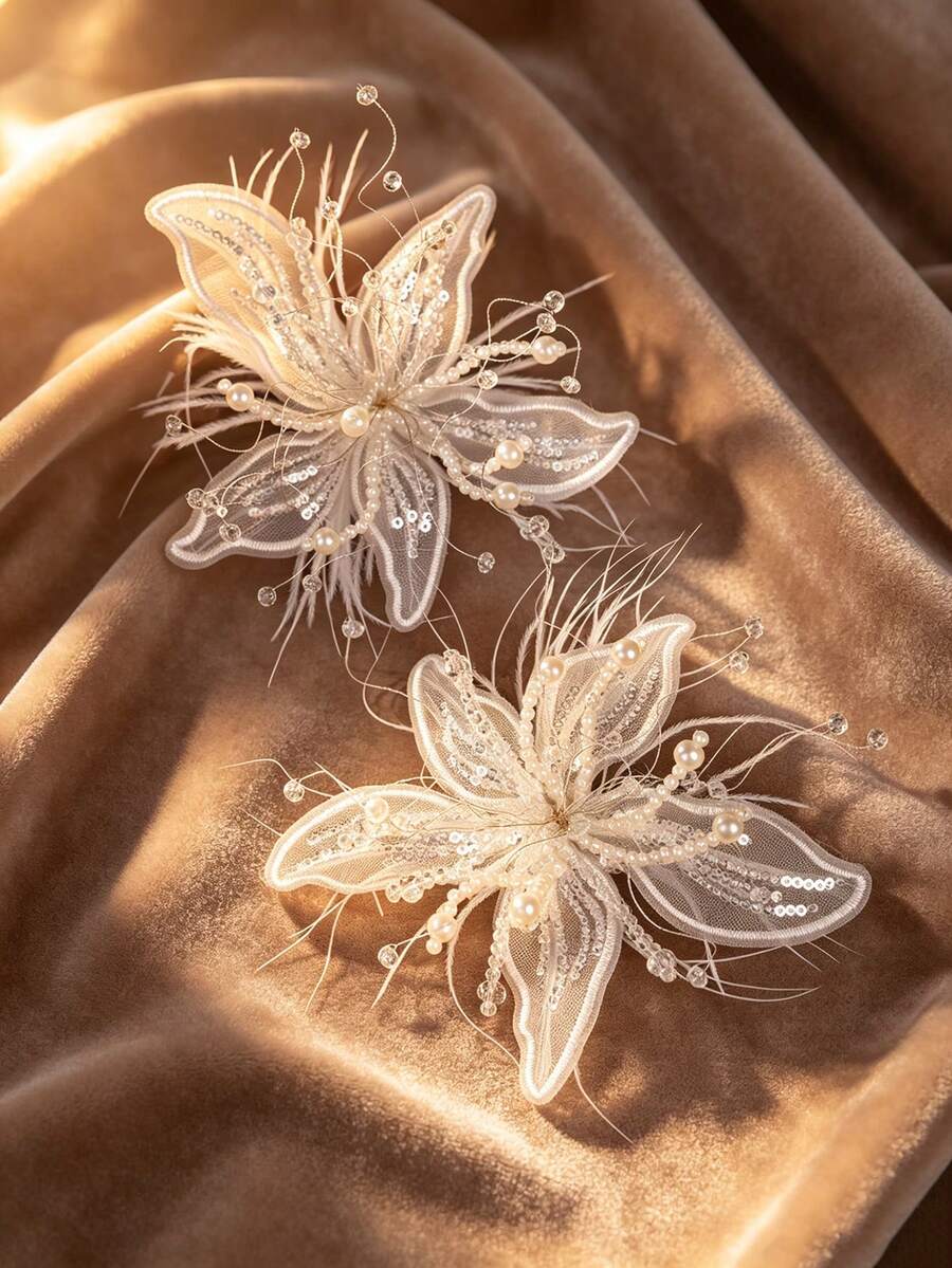 2pcs Handmade White Lace Flower Fairy-Style Feather Trim Hair Clips, Bridal Wedding Accessories For Studio Makeup - Two White Ones - View 1