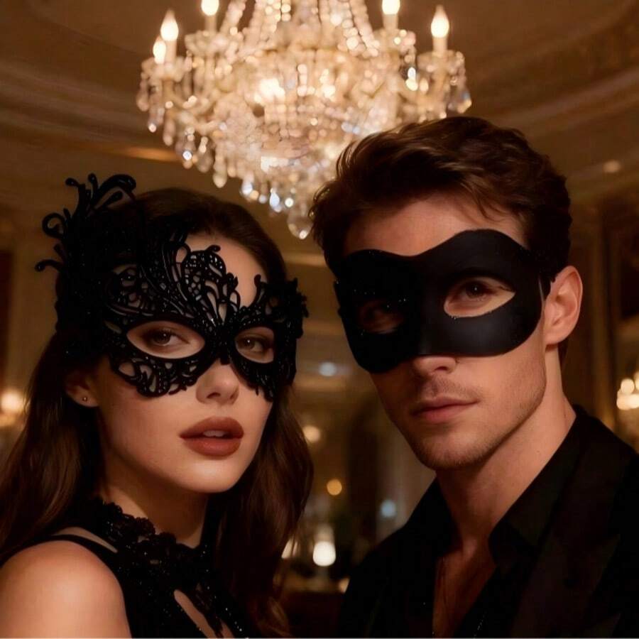 Couples Masquerade High-End Mask Set, Venetian Party Black Mask, Festival Party Mask, Carnival Role Play Party, Romantic Mask For Men And Women,Halloween - Black - View 1