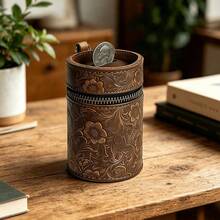 Handmade Piggy Bank Made Of Top-Grain Cowhide With Tang Grass Pattern, Fits Into Car Cup Holders, Coin Purse, Coin Storage Box, Money Clip, - Tang Grass Pattern - Coffee Color - View 2