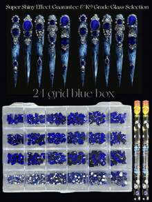 KIRAME 24格 DIY 美甲 K9 玻璃藍色平底水鑽套組 - 每格 20 顆高光水鑽，含 1 支水鑽筆，美甲寶石，美甲沙龍、居家美甲、美甲用品，聖誕、夏季與旅行美甲，節日禮物美甲飾品 - 藍色 - 查看 3