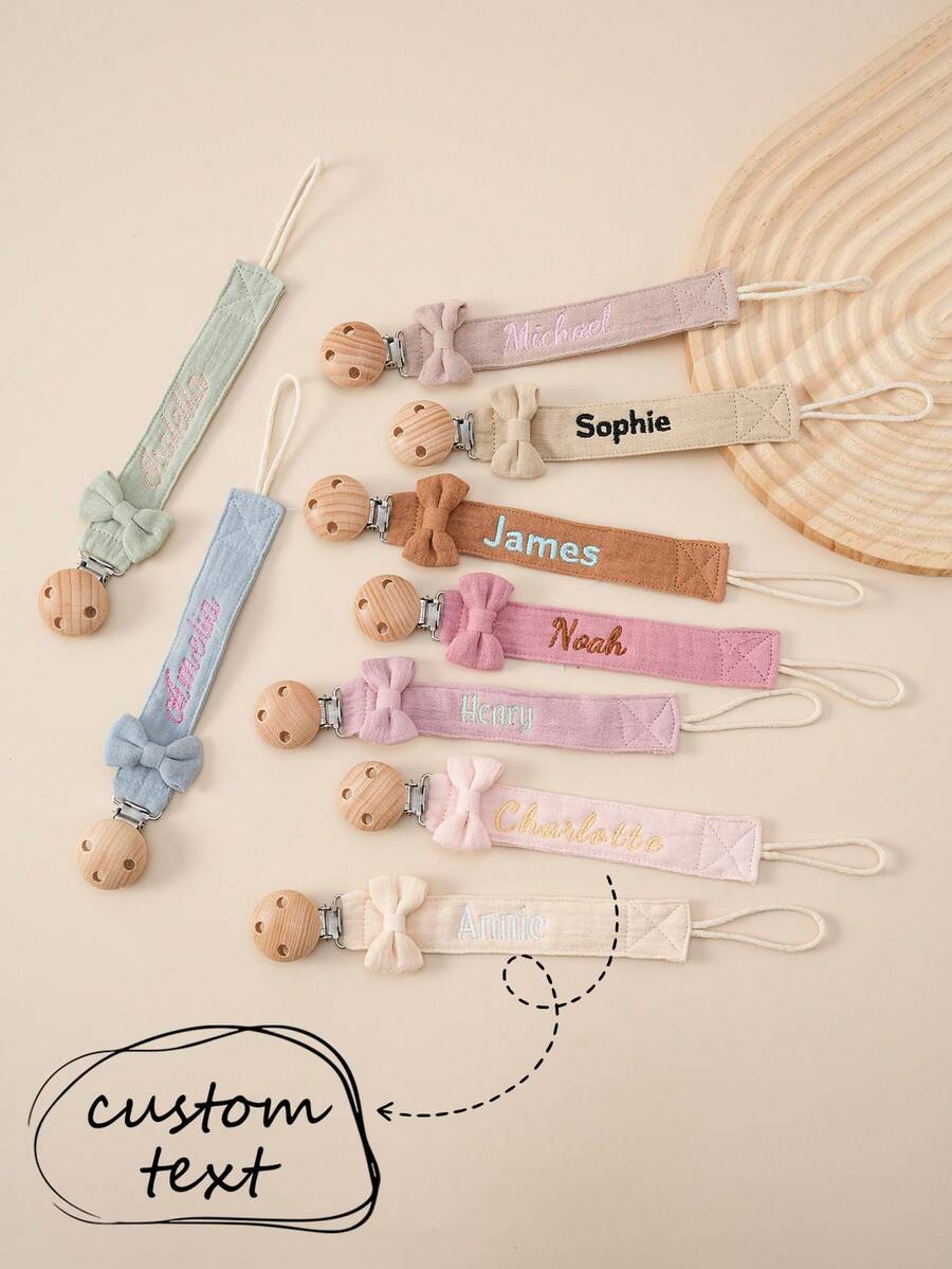 1pc Personalized Custom Embroidered Name Baby Pacifier Clip Wooden Anti-Lost Dummy Holder Chain Infant Soother Strap Newborn Baby Shower Gift - Multicolor - View 1