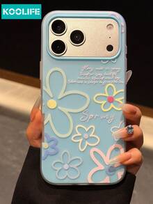 KOOLIFE 1 buah Casing Ponsel Motif Bunga Garis Luar Warna Macaron Biru Muda, Dengan Bingkai Kamera Warna Kontras dan Cetakan Teks Musim Semi, Cangkang Pelindung Anti Guncangan TPU+PC, Gaya Musim Semi Minimalis Lembut, Perlindungan Lensa Tahan Aus, Casing Ponsel Hadiah, Untuk iPhone 18pro/18pro Max/17/17pro/17promax/16/15/14/13 - Bunga grafiti biru - View 2