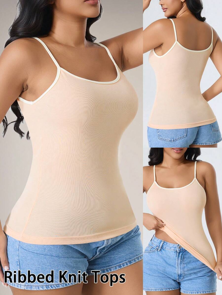CELILIN Minimalist Contrast Color Spaghetti Strap Tank Top, Korean Style Contrast Ribbed Camisole, Slim Fit Flattering Versatile Inner Layer Top - Apricot - View 1