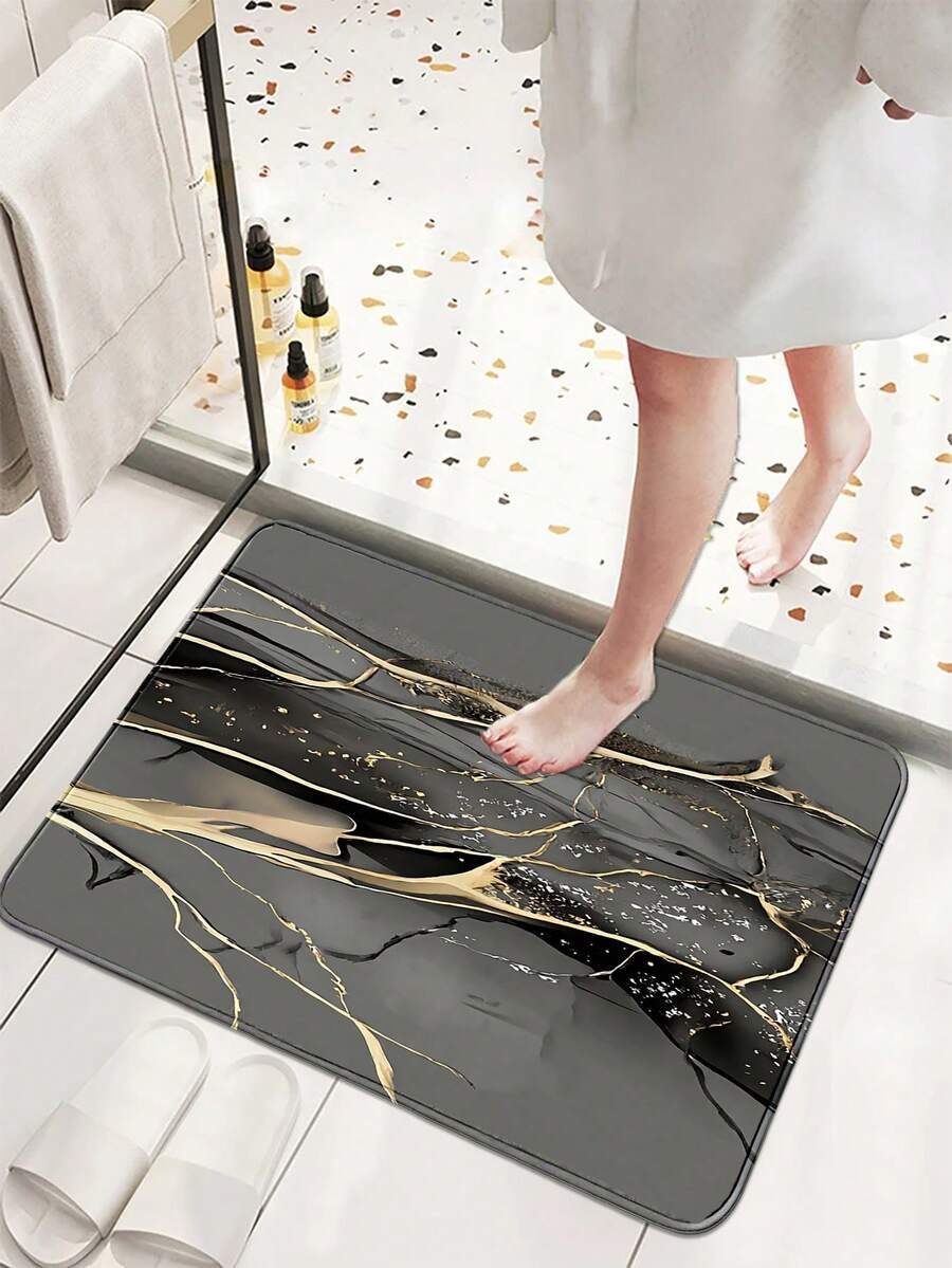 1pc Gold Black Grey Pattern Kitchen Mat, Faux Cashmere Washable Door Mat, Soft Skin-Friendly Decorative Floor Mat, Durable Home Entryway Rug, Small Area Rug, Kitchen Decor Mat, Suitable For Living Room, Bedroom, Bathroom, Etc. - View 1