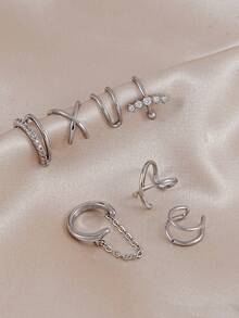 7Pcs Silvery Ear Cuff Set For Women, Dainty CZ Cross Chain Non-Piercing Ear Cuffs, Fake Cartilage Earrings For Multiple Piercings Jewelry Gift - Silver - View 5