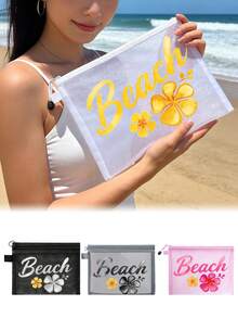 This Beach Mesh Bag Printed With "Beach" Is A Portable Makeup Bag That Can Store Lipsticks And Cushion Powder Puffs, Full Of Coastal Charm And Summer Vibes. Transparent Large Capacity Travel Cosmetic Storage Bag, Hawaiian Style Mesh Makeup Bag, Ideal For Beach Vacation, Shopping, Leisure Travel, Fitness, Mother's Day Gift, Valentine's Day Gift, Teacher's Day Gift, Women's Travel, Short Trip And Daily Travel. - Multicolor - View 2