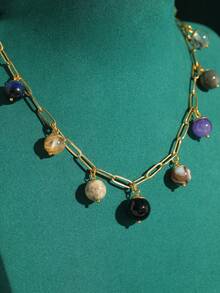 Conjunto de Joyas Vintage con Collar Colgante y Pendientes de Cuentas de Ágata Falsa de Bola Colorida con Piedra Natural, Elegante para Uso Diario, Chapado en Cobre y Oro de 18K para Mujeres - Bronce - Ver 4