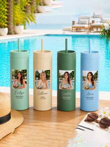 Personalized Photo Slim Insulated Tumbler, Creative Text Water Bottle With Straw, Bridesmaid Gift, Straight Body Insulated Tumbler, Stainless Steel Water Bottles - Multicolor - View 9