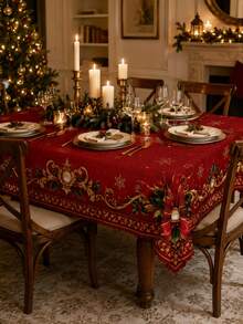1 Stück luxuriöse rote und goldene Stechpalmen-Schleife mit verzierter Randdruck runde Tischdecke - ideal für formelle Feiertagsdekoration, Heimdekoration, Raumdekoration, Garten, Küche, Hochzeit, elegantes Weihnachtsessen & Neujahrsfeier - Verschiedenfarbig - Übersicht 20