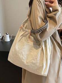 女款手提托特包，大容量防水絲綢布料刺繡托特包，獨特圖案，便攜式單肩托特包 - 白色 - 查看 4