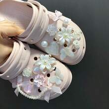 Pink Bow Pearl Chain Fairy Style Butterfly Heart DIY Hollow Shoe Decor Accessories Summer Luxury Sandals Decoration - Pink - View 1