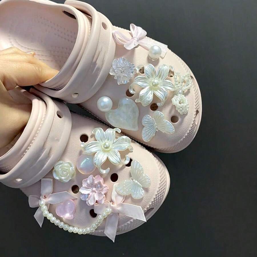 Pink Bow Pearl Chain Fairy Style Butterfly Heart DIY Hollow Shoe Decor Accessories Summer Luxury Sandals Decoration - Pink - View 1