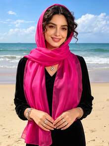 وشاح شيفون خفيف الوزن بلون موحد للنساء، واقي من الشمس، متعدد الاستخدامات، جديد للفصول الأربعة، 1 قطعة - روز أحمر - مشاهدة 1