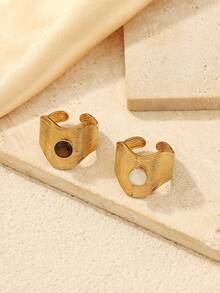 2pcs Stainless Steel 304 Material Women's 18K Gold Plated Open Adjustable Wide Band Ring, Wavy Texture Ring Face Inlaid With Natural Shell Tiger Eye Stone Vintage Personalized Open Ring, Suitable For Daily, Party, Date Wear - Yellow Gold - View 3