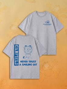 SHEIN | Garfield Women's Light Grey Double Sided Tee, Front Small Blue Line Slogan Back Vertical Never Trust A Smiling Cat Print Loose Short Sleeve - Light Grey - View 6