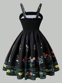 夏季休閒時尚雛菊印花女孩洋裝 田園風細肩帶不對稱下擺設計洋裝 - 黑色 - 查看 2