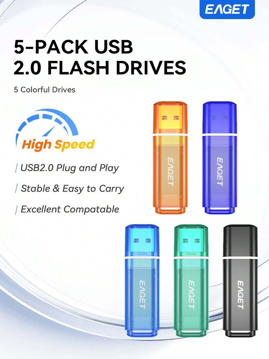 EAGET 5pcs USB 2.0 Flash Drive Multi-Color Portable U Disk Plug And Play External Storage For Laptop Desktop Tablet Office Home File Backup