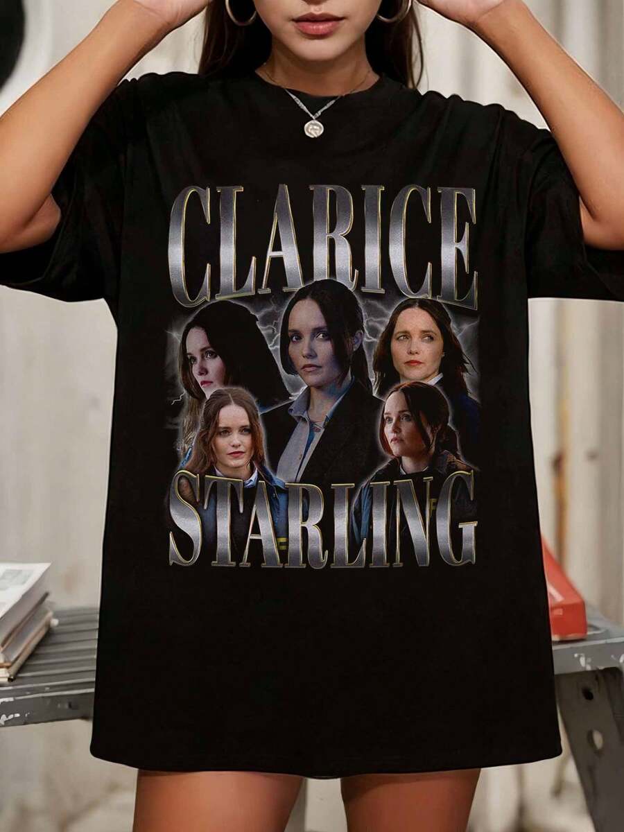 Clarice Starling Shirt  Vintage 90s Retro Graphic T-Shirt, Classic Bootleg Rap Style Tee For Men Women, Casual Black Short Sleeve Top - 黑色 - 查看 1