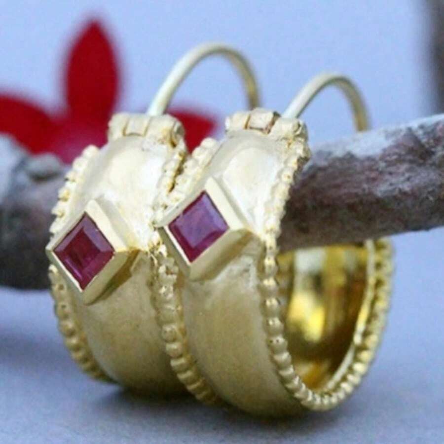 复古铜红色合成锆石耳环,独特金色圆环精致首饰 - 銀色 - 查看 1