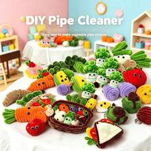 Un juego de tallos de chenilla de verduras en una cesta, kit de manualidades DIY con limpiapipas, con ojos negros, para proyectos artísticos y creativos de artesanía DIY, se puede usar para decoración de escritorio y hogar después de completarlo - Una cesta de verduras - Ver 7