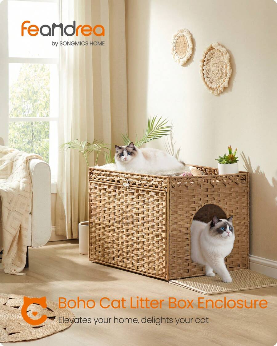 Feandrea Cat Litter Box Enclosure, Handwoven Rattan Hidden Litter Box Furniture With Extra Litter Mat, Removable Washable Tray, Boho Cat House, End Table - Light Yellow - View 1