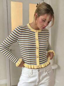 Women's Autumn Striped Patchwork Round Neck Metal Button Ruffle Hem Long Sleeve Knit Cardigan, Multi-Color Striped Knit Sweater Fall - Multicolor - View 8
