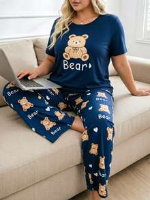 Plus Size Dark Blue Short Sleeve Top And Pants Printed 2 Pieces Pajama Set Loungewear For Women - Blue - View 3