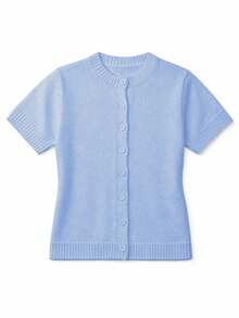 Women's Minimalist Basic Round Neck Versatile Street-Style Casual Solid Color Knit Cardigan Short Sleeve Sweater, Spring/Summer Vacation - Baby Blue - View 6